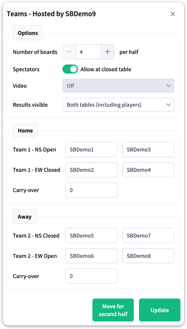 The Match Setup window during the match